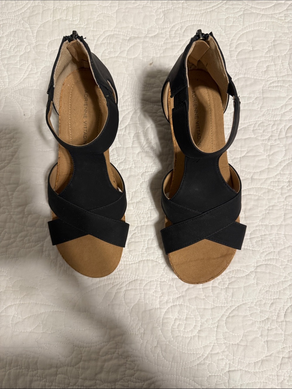 Adrienne Vittadini Black and Tan Crisscross Ankle-Strap Sandals.